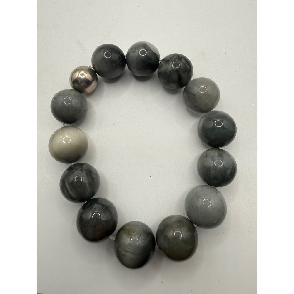 Gray Hawks Eye Stone Bead Stretch Bracelet Chatoyant Natural Gemstone 14mm Beads